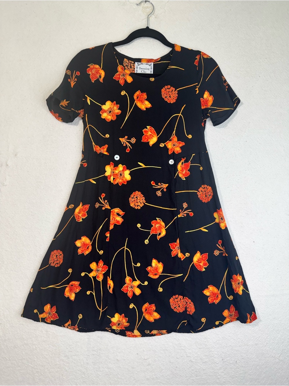 Clio Black Skater Dress Vibrant Orange Floral Print Adjustable Waist Buttons VTG